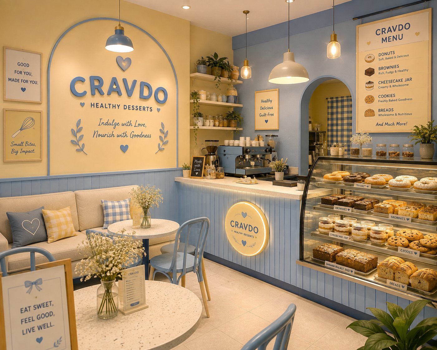 Concept of the Cravdo café in butter yellow and pastel blue